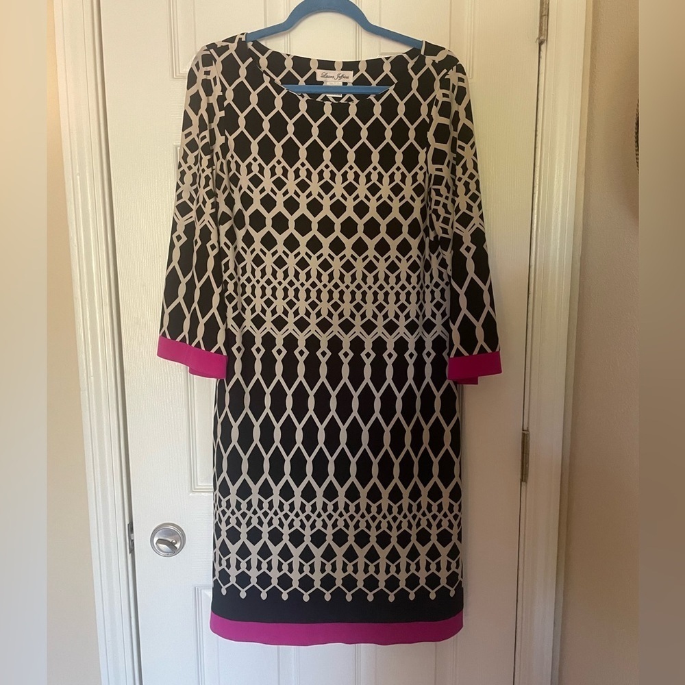 Laura Jeffries Sheath Dress Size 12 Black/White/pink Abstract